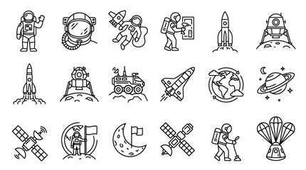 Astronaut activities and space travel outline icon set. © Alip
