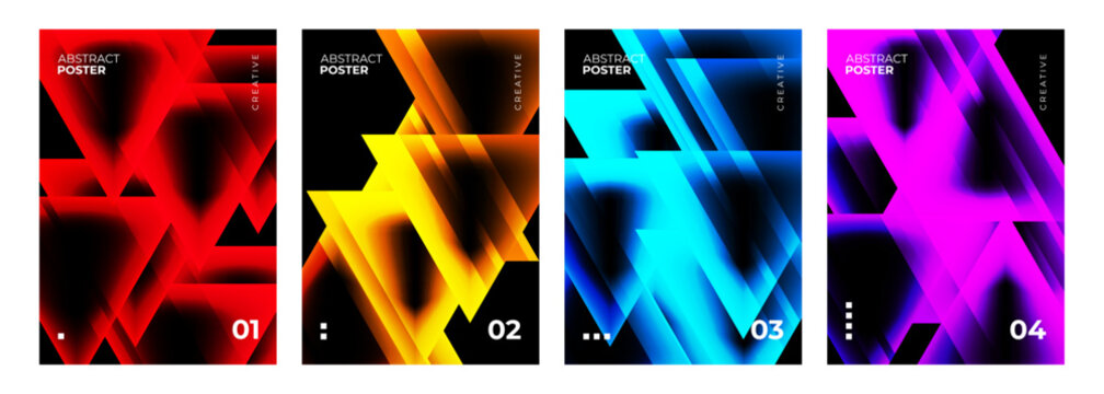 Futuristic Abstract Posters Collection. Bright colored triangle shapes. Vibrant blurred neon gradient light effect. Creative graphic designs. Vector illustration.