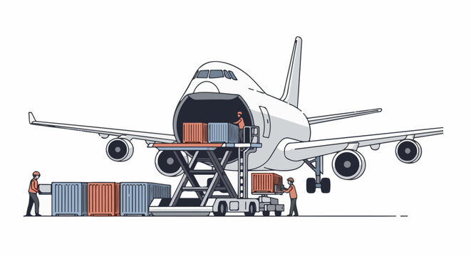 Cargo plane loading, workers move containers onto uplifted platform