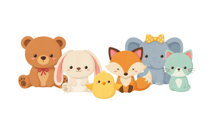 Naklejka premium Cute collection of pixel art animals including a brown bear, white bunny, yellow chick, orange fox, blue elephant and green cat Vector