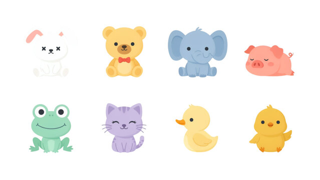 Set of cute pixel art animals including dog bear elephant pig frog cat duck and chick Vector