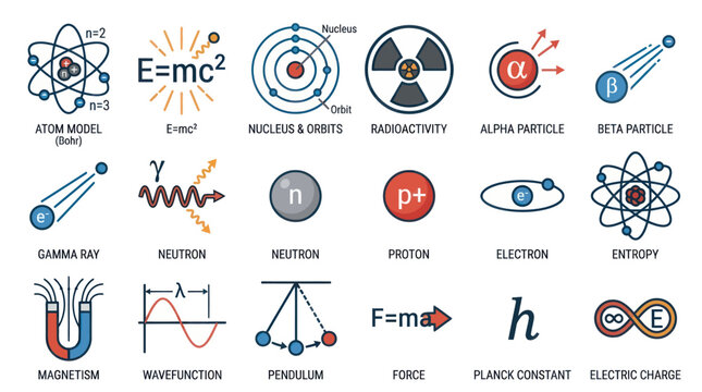Collection of colorful physics and science symbols and icons.
