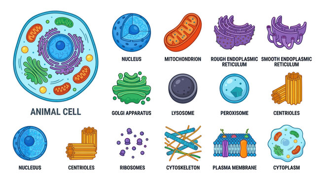 Colorful biological animal cell and organelle diagram icons.