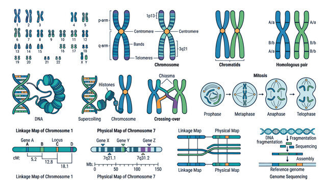 Detailed genetics infographic showing chromosomes and DNA structures.
