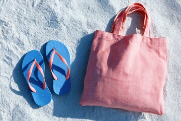 Naklejka premium Coastal Lifestyle Scene with Flip-Flops and Beach Bag