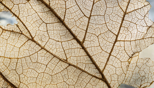 Macro close-up of a decaying skeleton leaf showing intricate brown veins and delicate organic patterns on a light neutral background texture