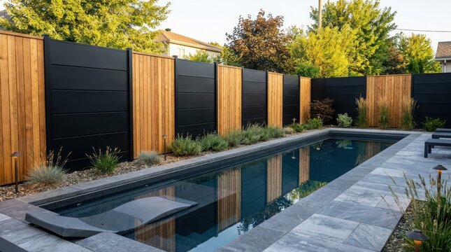 Modern swimming pool in backyard with wood and metal privacy fence. Contemporary home exterior design with stone patio and lounge furniture. Luxury landscaping for relaxing lifestyle.