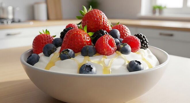Fresh mixed berries on top of whipped cream in a bowl. yaourts  