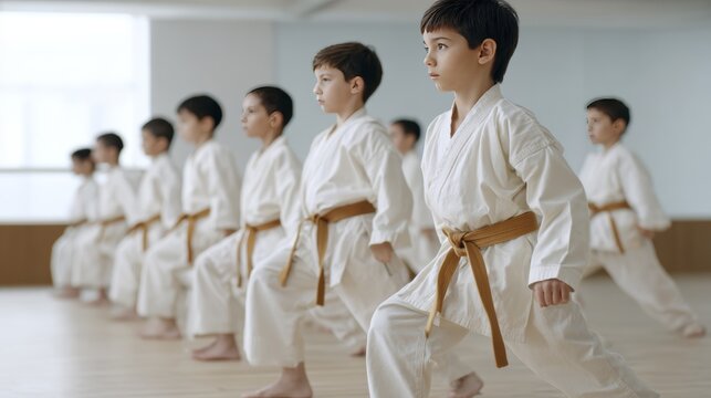 Kids practicing karate in white uniforms with brown belts in training class