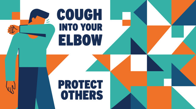 Colorful cough etiquette poster showing person coughing into elbow with protect others message public health prevention respiratory hygiene community safety awareness concept clinic