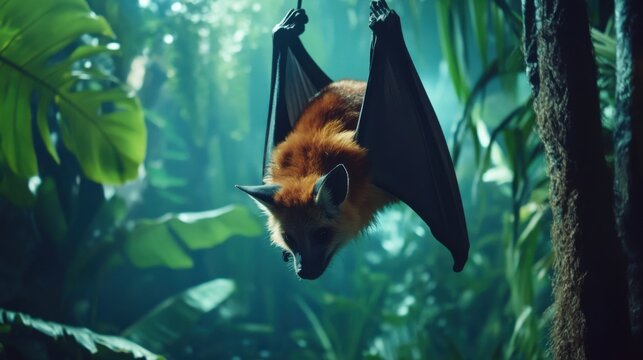 Majestic Bat Hanging Upside Down in Lush Green Jungle Environment