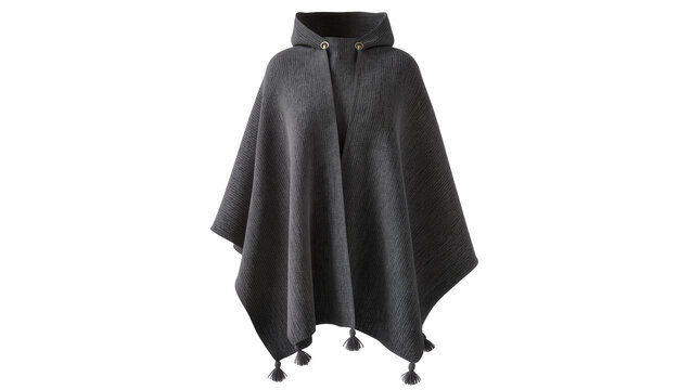 Dark Grey Knitted Poncho with Hood and Tassels