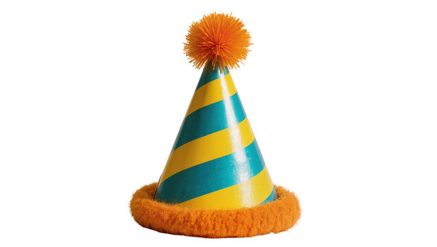 Striped party hat with orange pompom and trim