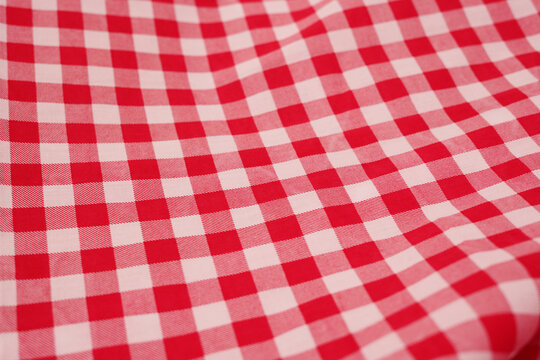 red white plaid tablecloth background. Gingham Fabric Background. 