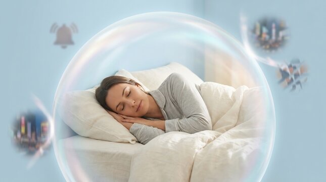 Woman Sleeping Peacefully Inside a Protective Glowing Sphere Shielding from External Noise and Stress