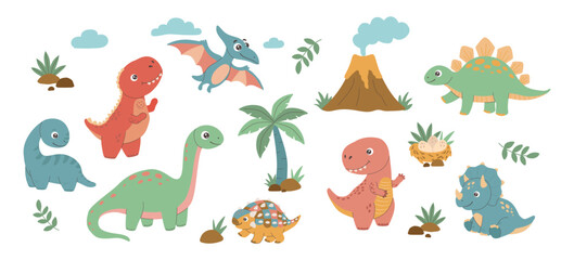 A commercial flat vector set of cute cartoon baby dinosaurs, featuring an erupting volcano, palm tree, dinosaur nest with eggs, and tropical plants isolated on white. Vector illustration © Elena