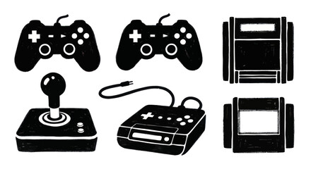 Collection of retro video game controllers and consoles silhouette. © Ndog
