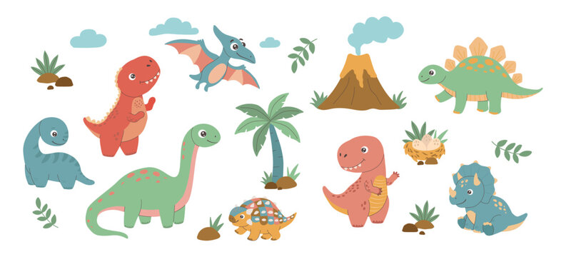 A commercial flat vector set of cute cartoon baby dinosaurs, featuring an erupting volcano, palm tree, dinosaur nest with eggs, and tropical plants isolated on white. Vector illustration