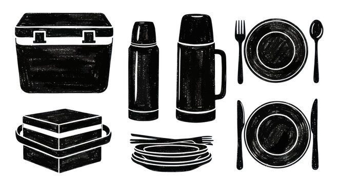 Collection of picnic items including cooler thermos plates and cutlery.