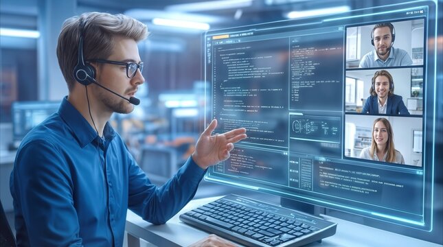Software engineer conducting video conference with remote team members. Collaborative programming and technical support session in modern office environment.