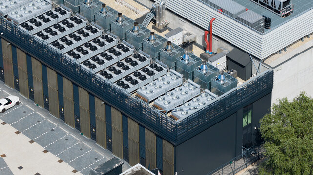 Aerial view of Switch Datacenters AMS4 featuring industrial cooling units and HVAC systems on the rooftop in Diemen, Noord-Holland, Netherlands.