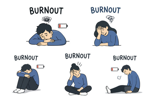 Illustrations of people experiencing burnout expression with various poses and emotions on a white background