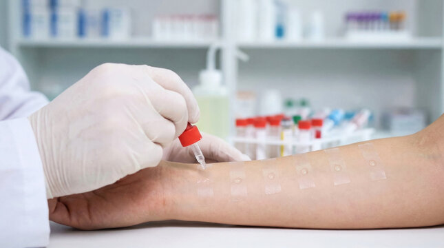 Healthcare professional performing an allergy skin test on a patient&rsquo;s arm to identify allergic reactions, sensitivities, and guide treatment