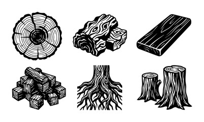 Wood Grain Vector Icons: Tree Rings, Lumber, Firewood, Roots, Stumps, Plank © Arman