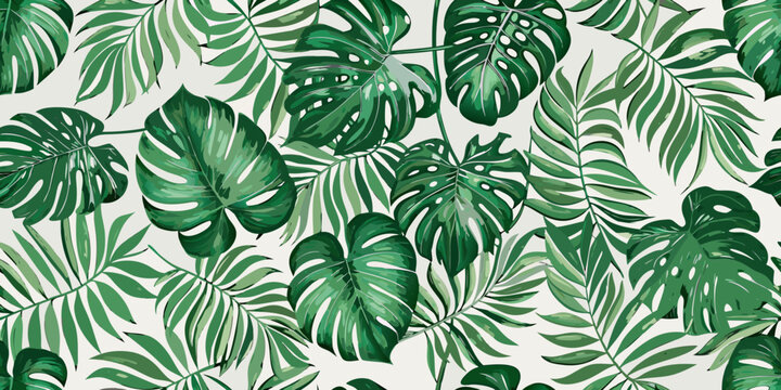 Tropical leaves seamless pattern a vibrant green botanical illustration on white