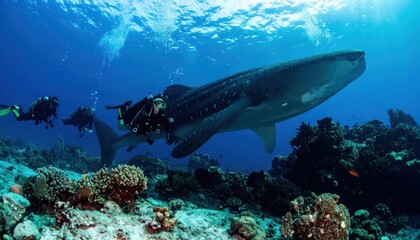 Obraz premium Divers observe a majestic whale shark swimming gracefully over a vibrant coral reef in clear blue ocean water.