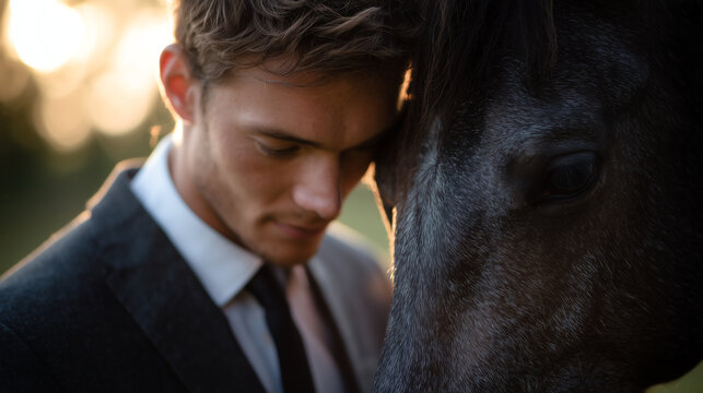 A well dressed groom leans his forehead against a grey horse at sunset, conveying a deep sense of trust between human and animal