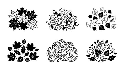 Autumn Leaf Clusters, Fall Foliage Vector Elements, Seasonal Nature Graphics, Black and White Botanical Illustrations © Afsana