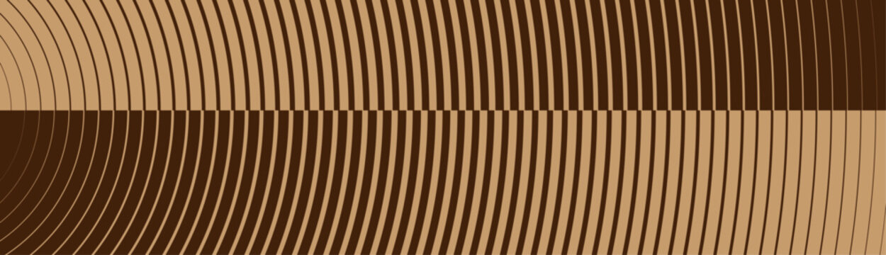 Brown and tan striped pattern with curved lines and geometric shapes in a modern abstract design with a mix of dark and light colors and a checkered element in the middle