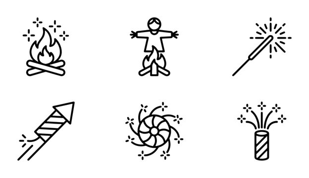 Celebration Fireworks Icons, Bonfire, Sparkler, Rocket, Firework Display, Festive Symbols