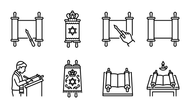 Torah Scrolls Icons Set, Jewish Religious Symbols, Sacred Texts, Ancient Scrolls, Cultural Heritage