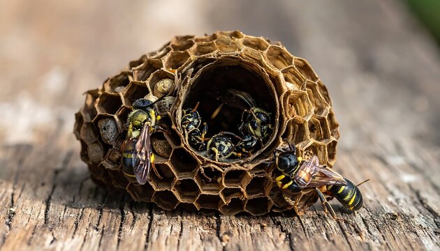 A wasp nest with wasps on a wooden surface