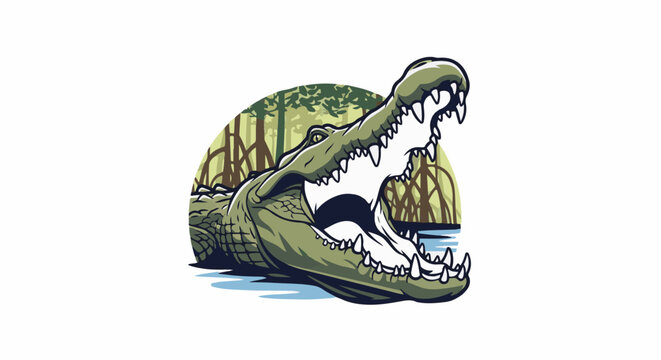 Aggressive reptile with wide open mouth in swampy habitat