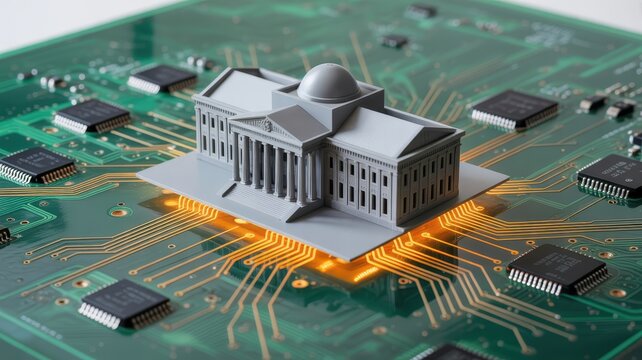 Microchip Cpu Miniature Model with Classical Building Columns on a Green Circuit Board Background for Tech Concept