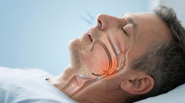 Medical illustration of a sleeping man with an obstructed airway and throat anatomy showing sleep apnea symptoms