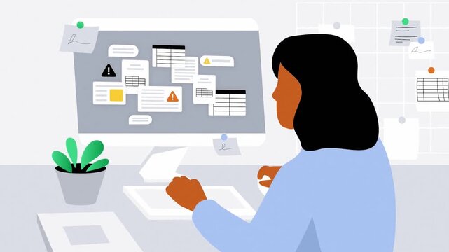 Female HR Manager Sorting Diverse Candidate Profiles on Desktop Computer Interface 2D Animation