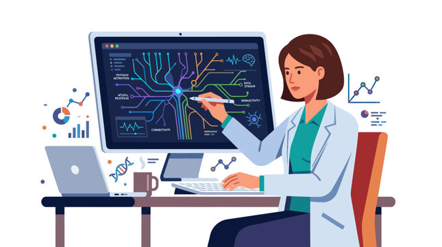 Researcher working with brain mapping software on computers.