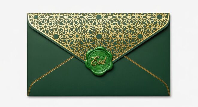 Elegant Green Eid Mubarak Greeting Envelope with Gold Islamic Geometric Pattern and Wax Seal on White Background