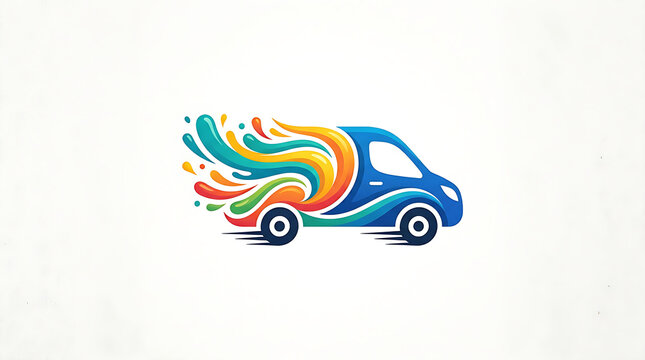 Blue Delivery Van Logo with Colorful Paint Splash Trail and Speed Motion Lines