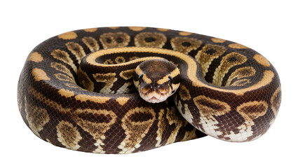 Fototapeta premium Ball python coiled with intricate brown and yellow patterned scales