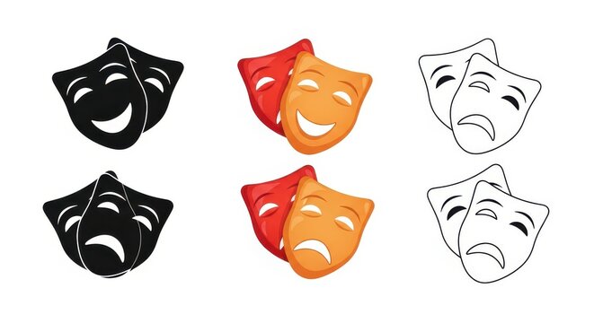 Comedy and Tragedy Theater Masks Vector Set in Black, Color, and Line Art Styles for Drama, Performance, and Entertainment