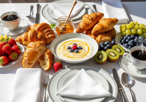 Healthy breakfast spread with fresh fruits, croissants, and coffee on a table. yaourts  