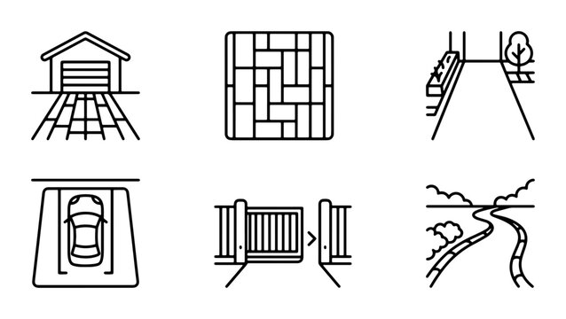 Driveway Icons Set: Garage, Paving, Parking, Gate, Road, Landscape Paths