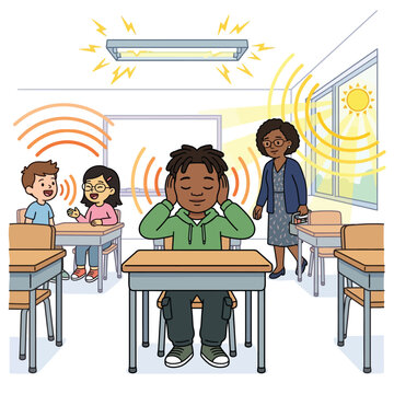 Autism Spectrum Sensory Overload Flat Vector Scene Child with Hands Over Ears in Busy Classroom, Sound Waves Visible Around Head, Empathy-Focused Design