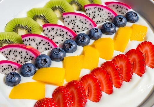 Colorful assorted sliced fruits arrangement: strawberries, mango, blueberries, dragon fruit, kiwi. yaourts  