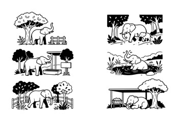 Charming Elephant Family Scenes, Zoo Life Illustrations, Safari Adventures, Black and White Vector Set © Kamal